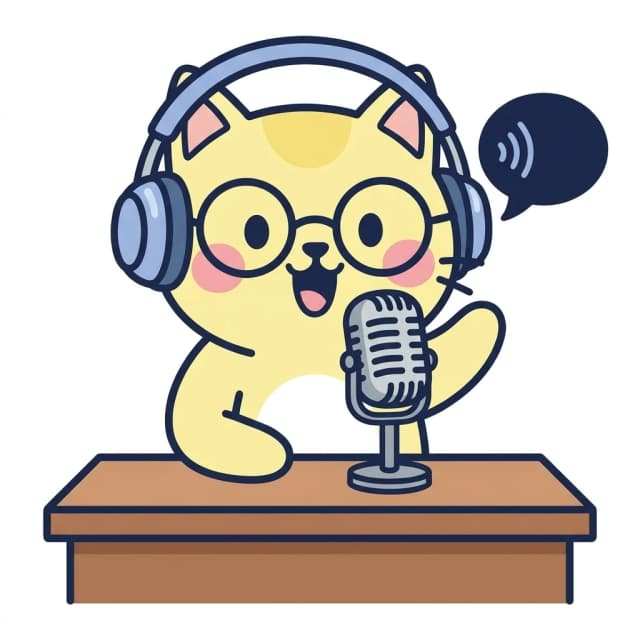 Study cat mascot wearing headphones and hosting an audio study podcast
